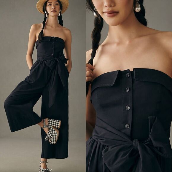Nwt Anthropologie Maeve Strapless Buttondown Belted Wide-Leg Jumpsuit Black - Picture 1 of 8